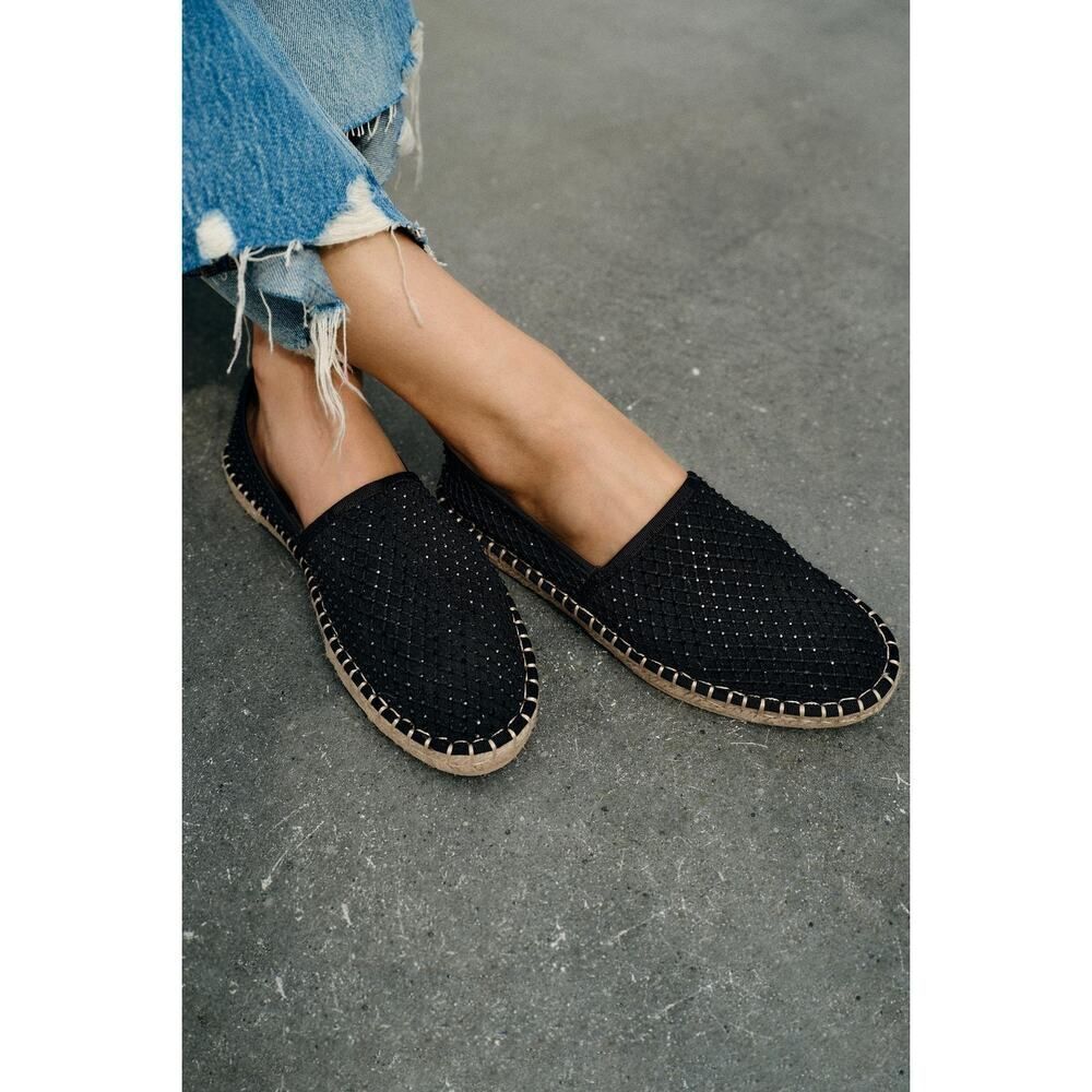 ZARA Black Sequin Espadrilles NWT Size 6.5 Slip-On Flats Summer Sparkle Vibes